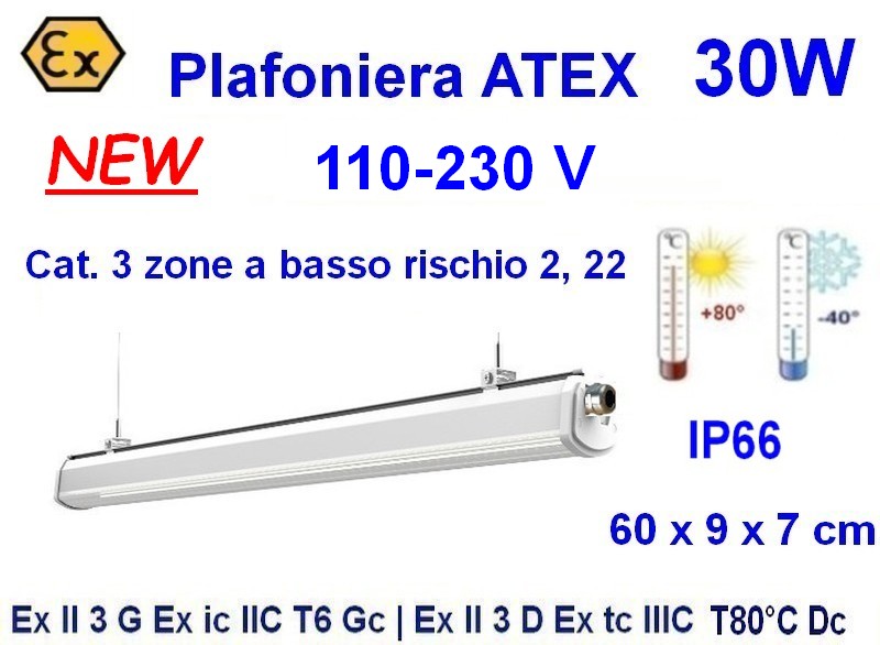 Nuova Plafoniera Atex 110-230V 30W 60 cm , Cat. 3 IP66